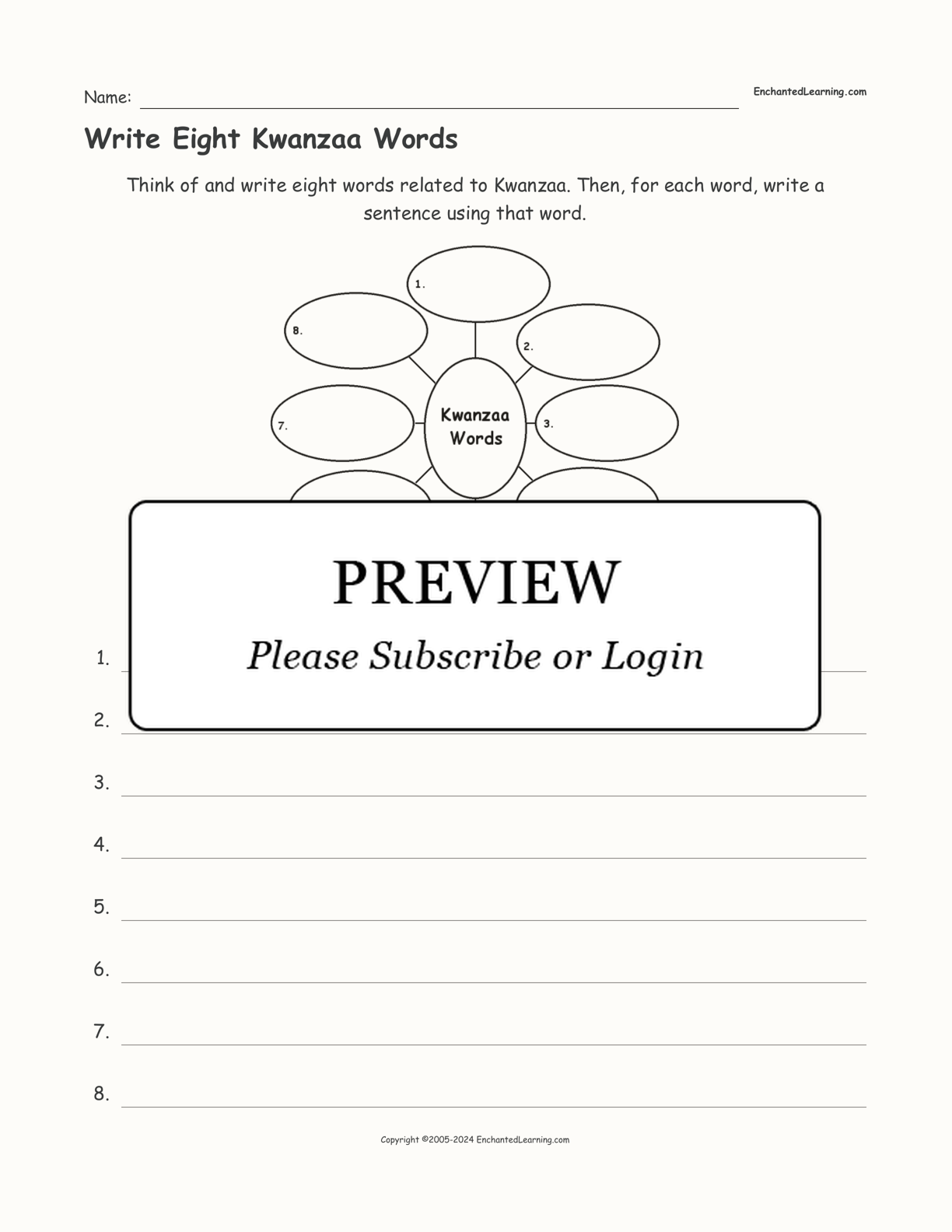 Write Eight Kwanzaa Words interactive worksheet page 1
