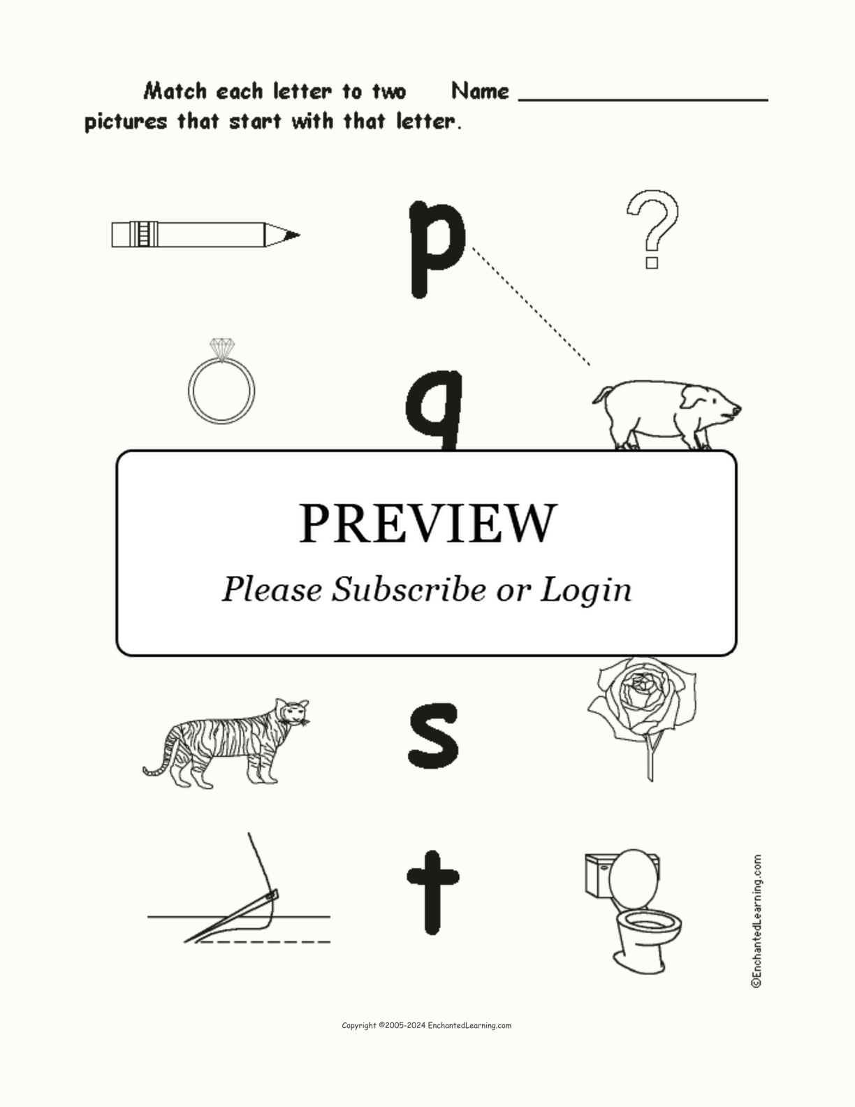 Match the Lower Case Letters P-T to the Pictures interactive worksheet page 1