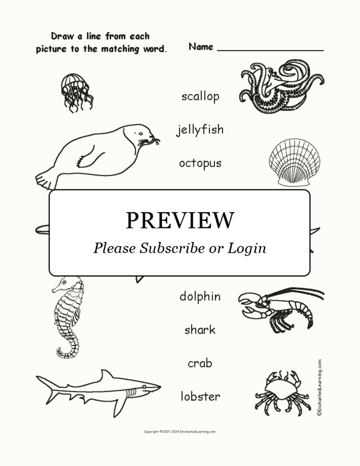 Match the Ocean Animals interactive worksheet page 1