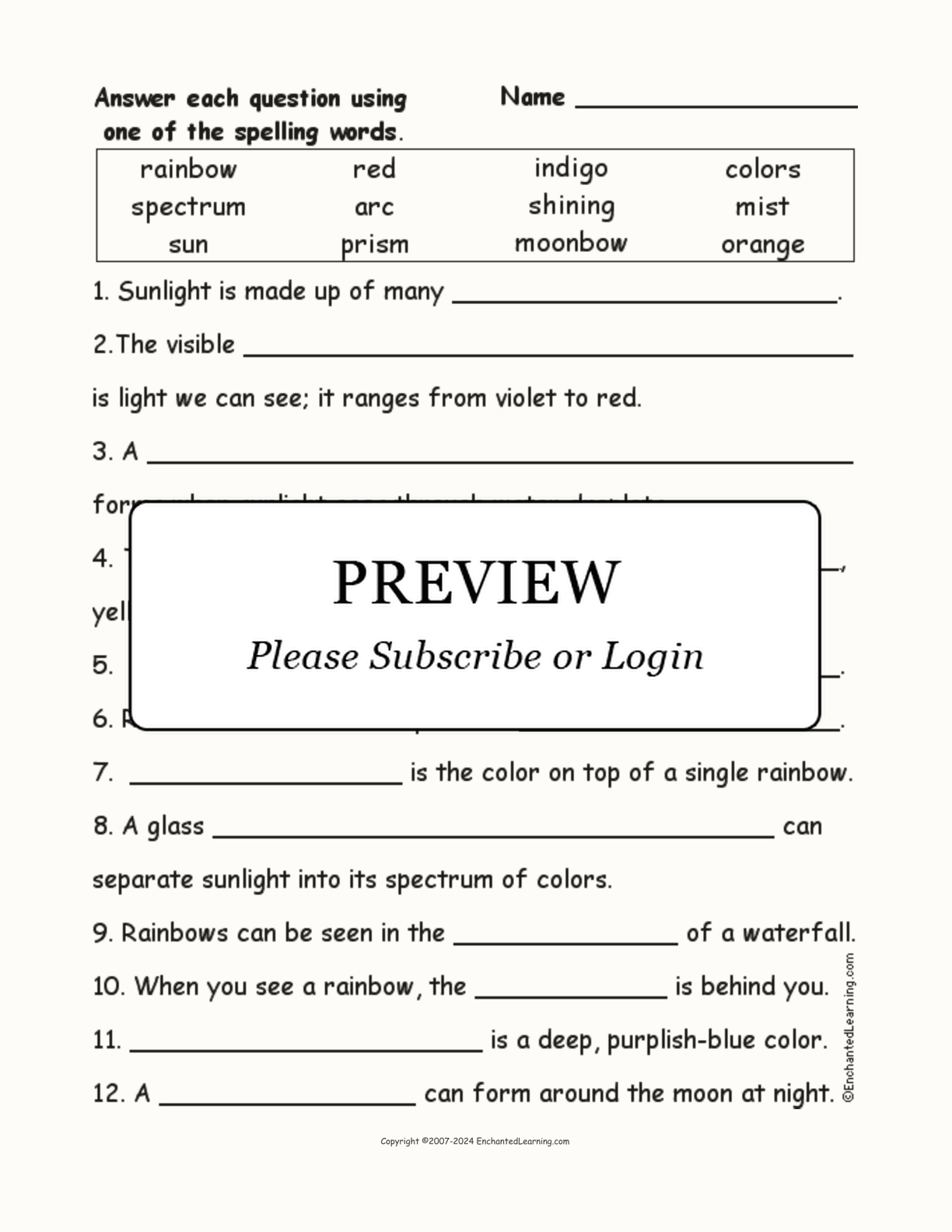 Rainbow Spelling Word Questions interactive worksheet page 1