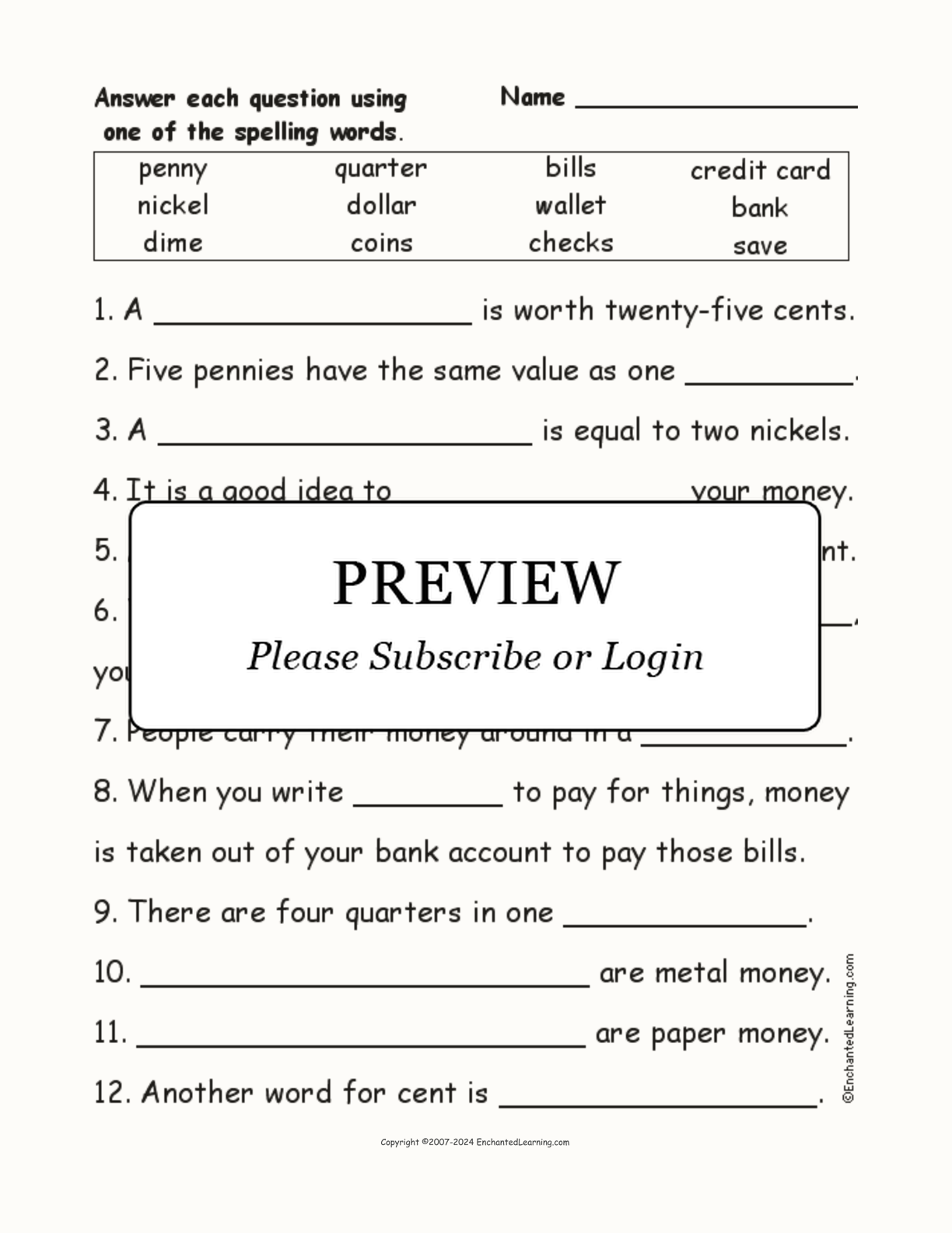 US Money: Spelling Word Questions interactive worksheet page 1