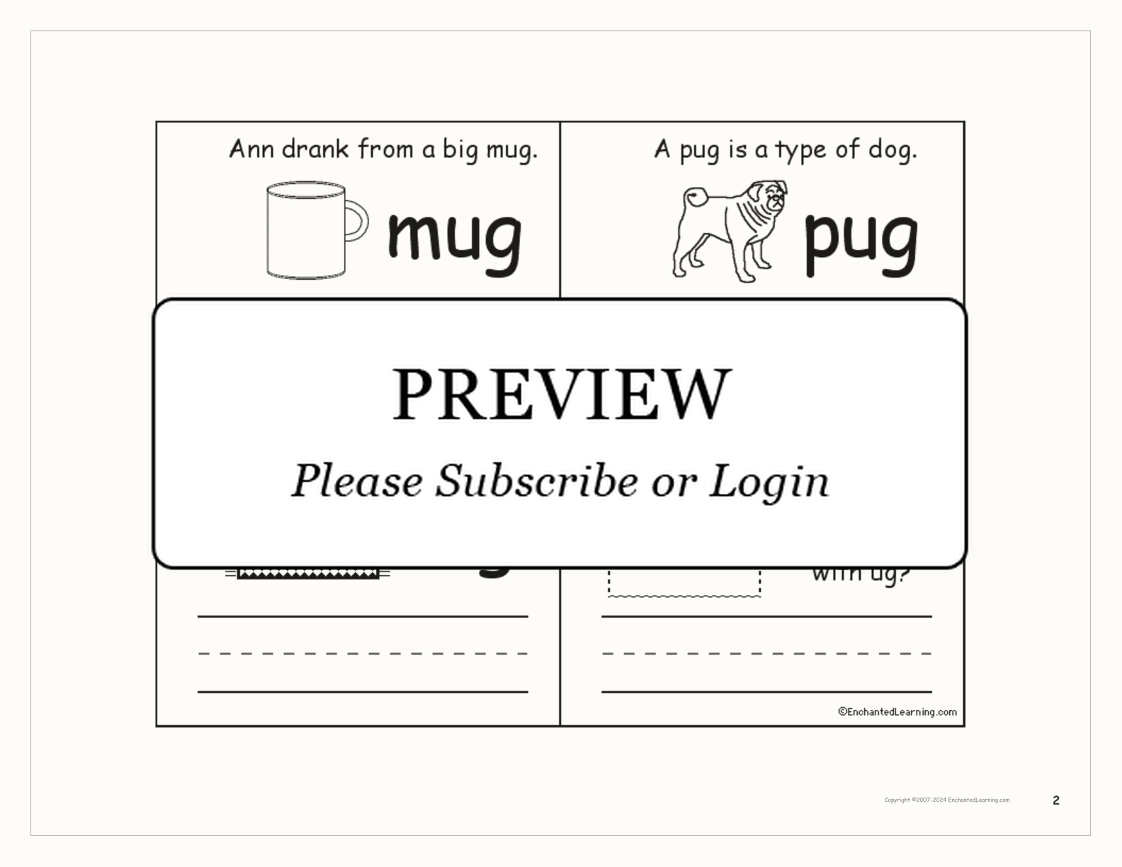 Words that Rhyme with 'ug' — Printable Book interactive printout page 2