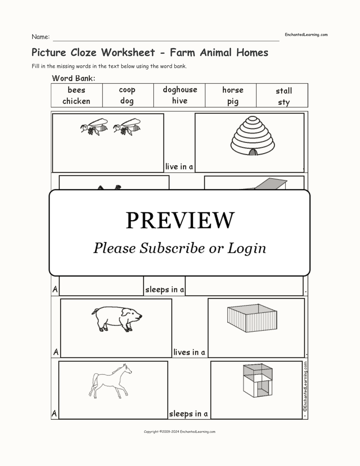 Picture Cloze Worksheet - Farm Animal Homes interactive worksheet page 1