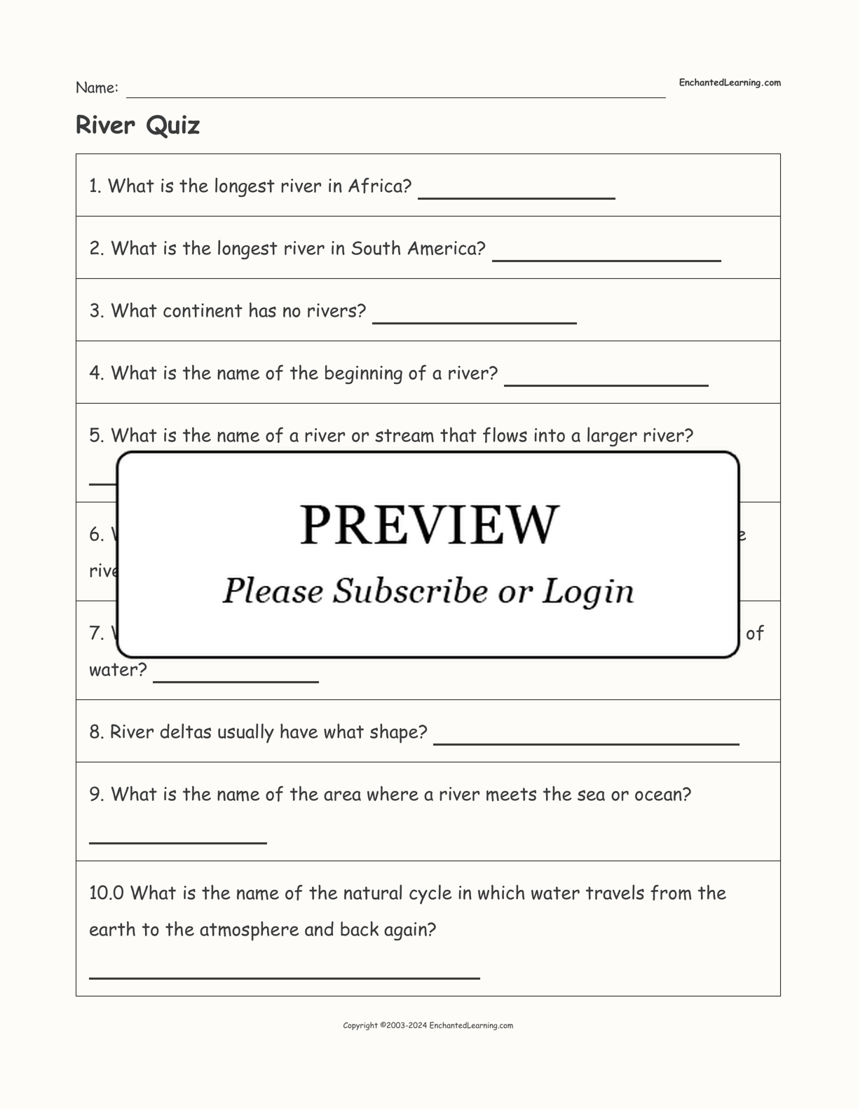 River Quiz interactive worksheet page 1