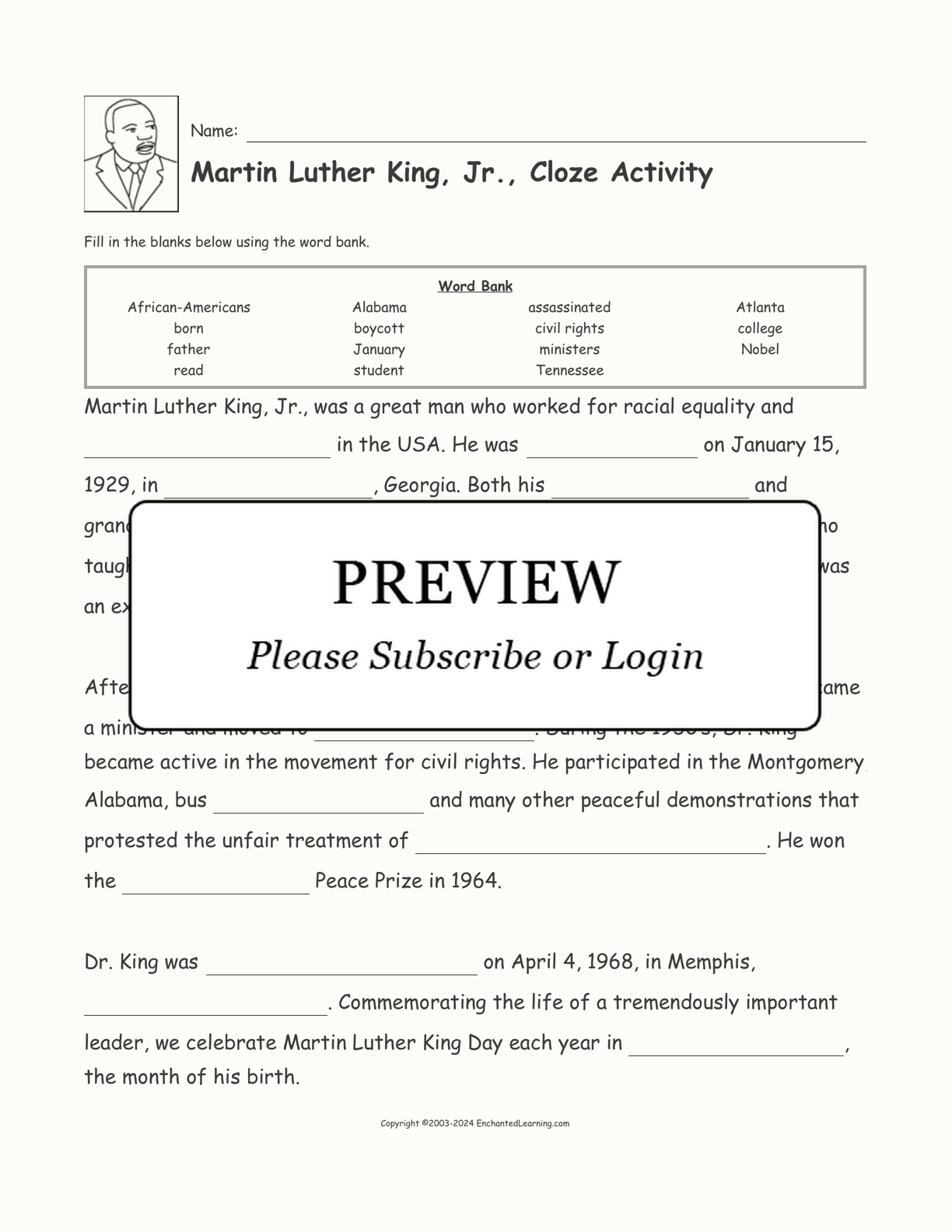 Martin Luther King, Jr., Cloze Activity interactive worksheet page 1