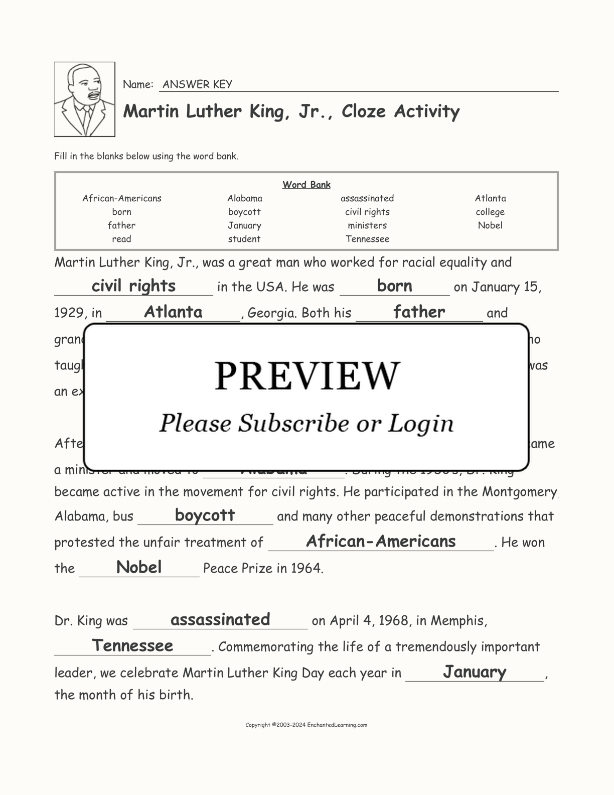 Martin Luther King, Jr., Cloze Activity interactive worksheet page 2