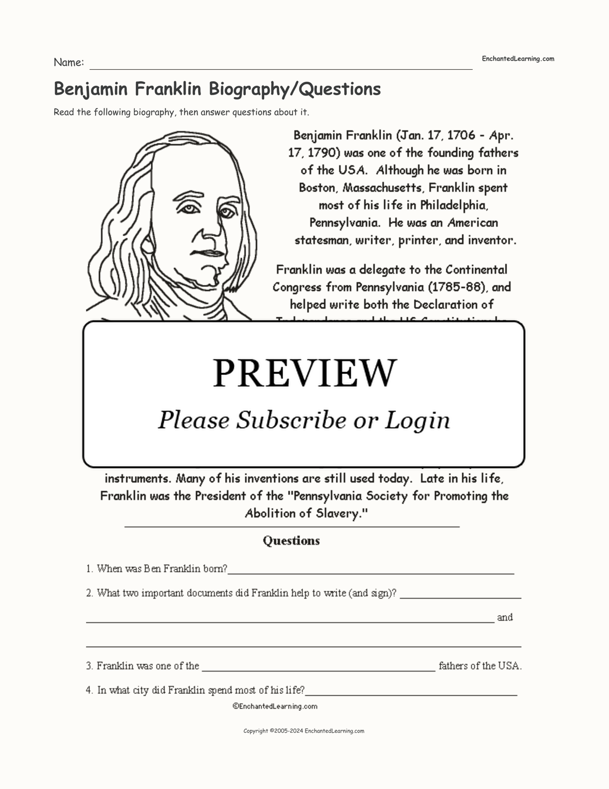 Benjamin Franklin Biography/Questions interactive worksheet page 1