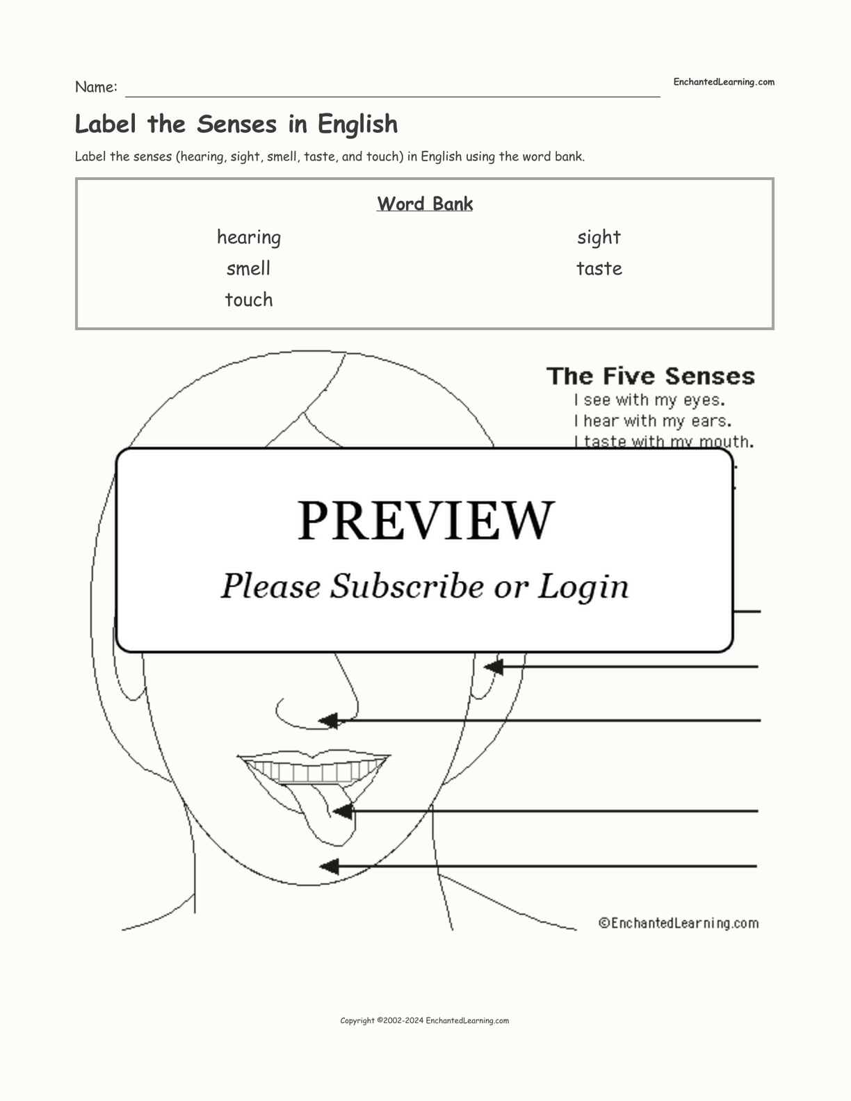 Label the Senses in English interactive worksheet page 1