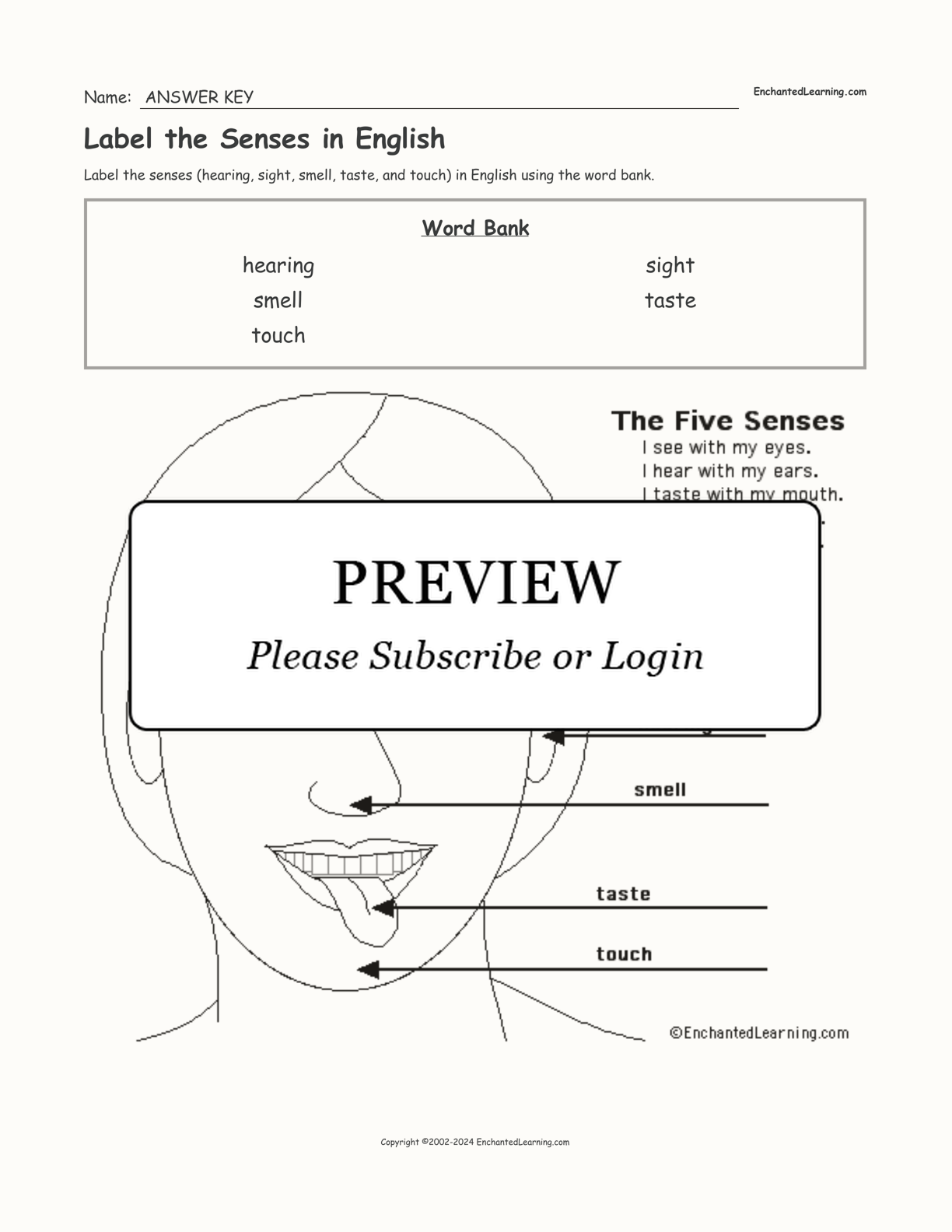 Label the Senses in English interactive worksheet page 2