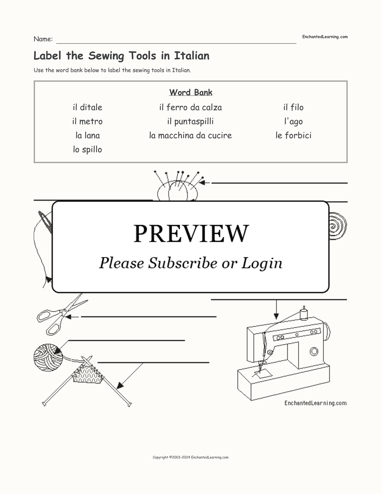 Label the Sewing Tools in Italian interactive worksheet page 1