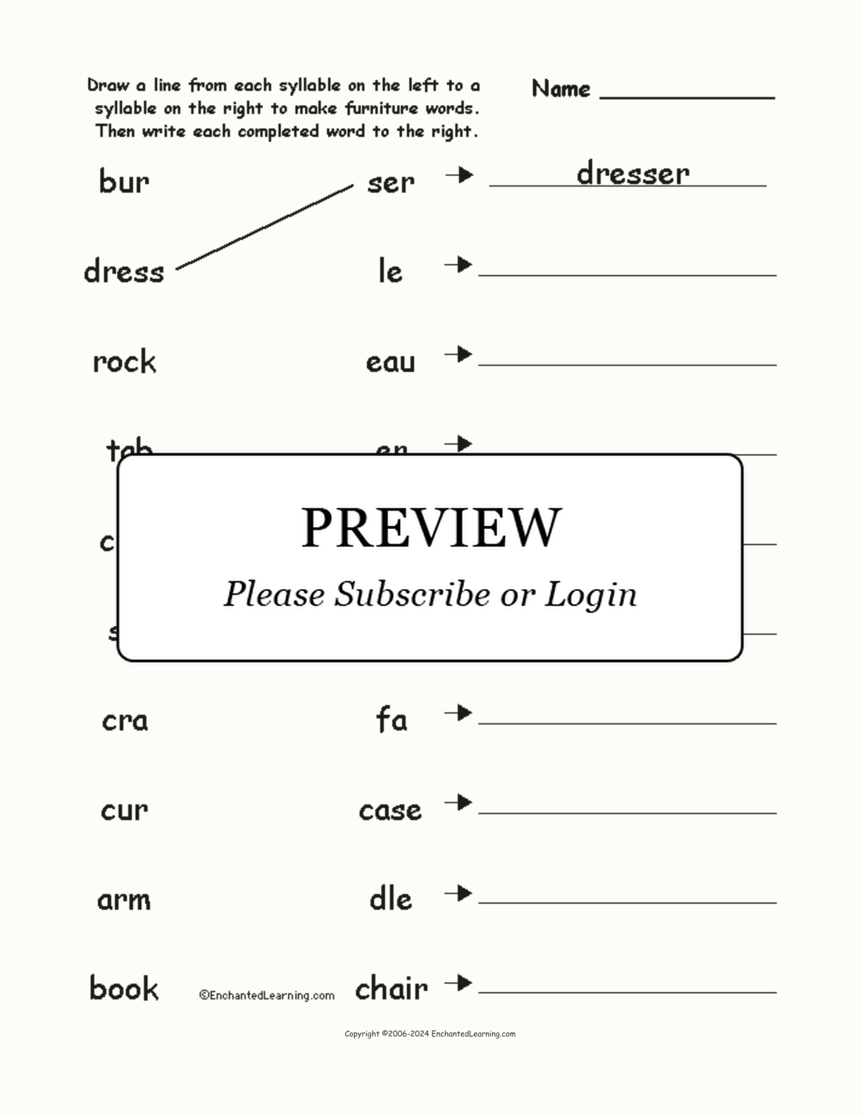Match the Syllables: Furniture Words interactive worksheet page 1