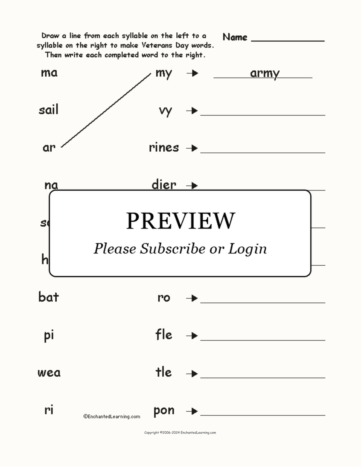 Match the Syllables: Veterans Day Words #1 interactive worksheet page 1
