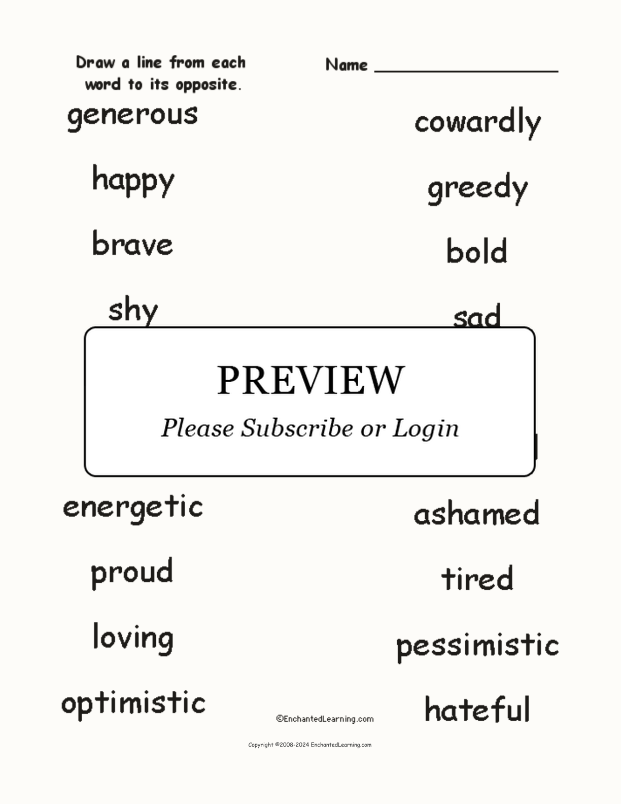 Match the Opposite Emotion-Related Words interactive worksheet page 1