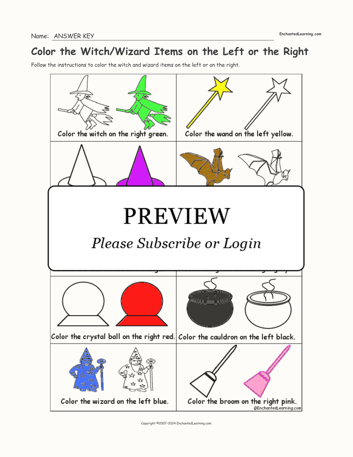 Color the Witch/Wizard Items on the Left or the Right interactive worksheet page 2
