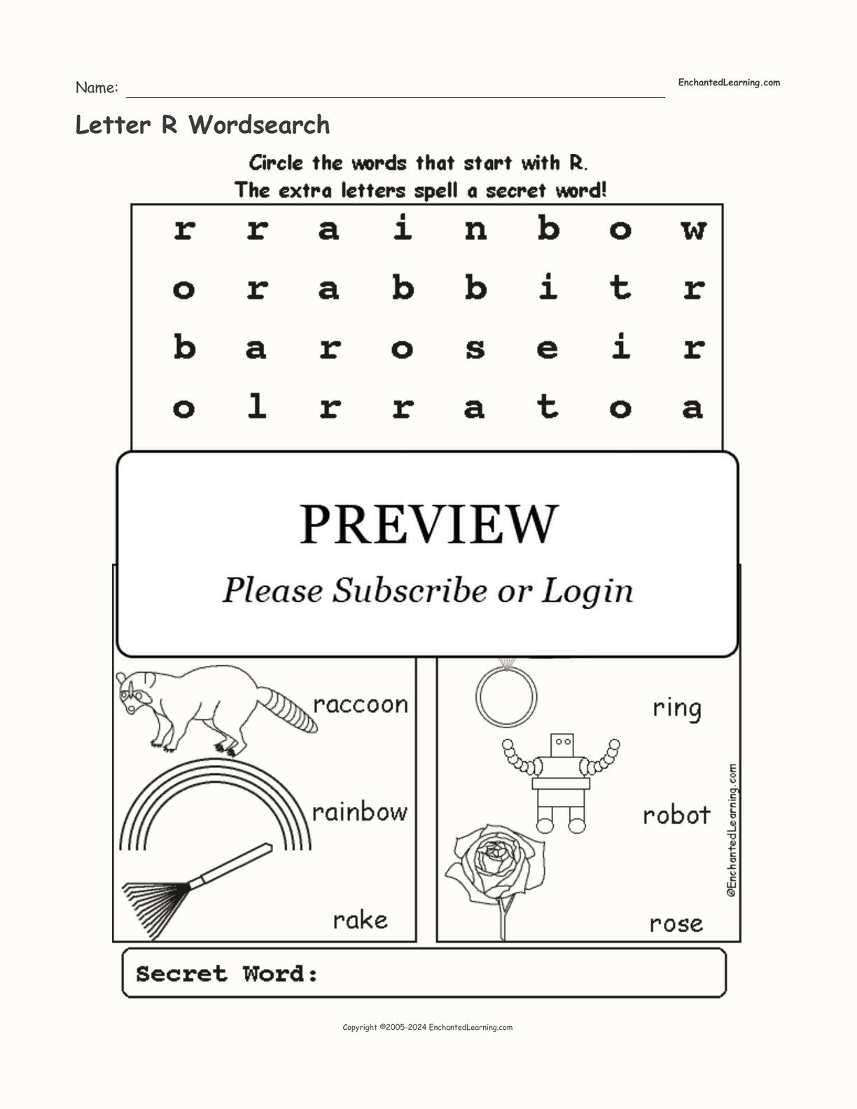 Letter R Wordsearch interactive worksheet page 1