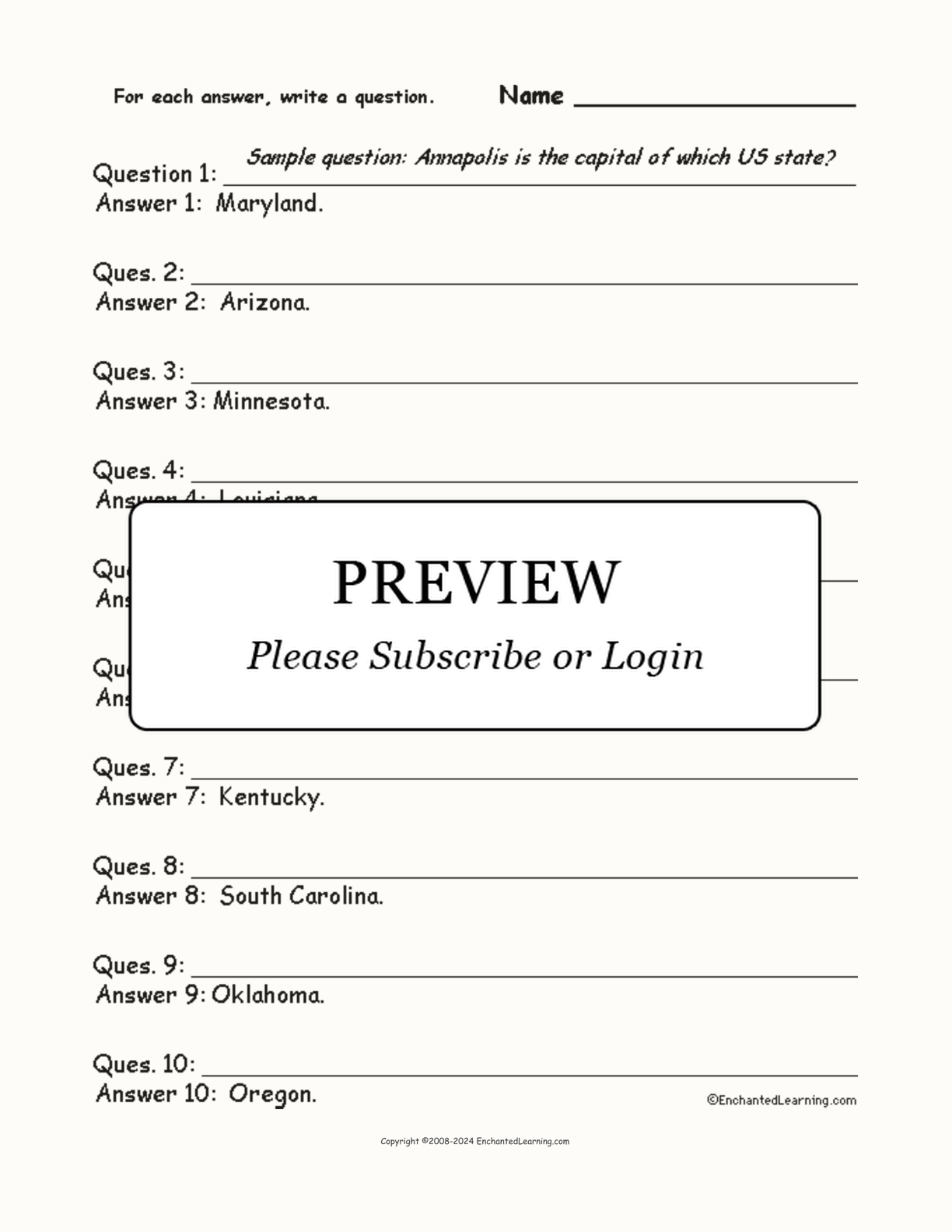 USA #3: Write a Question for Each Answer interactive worksheet page 1