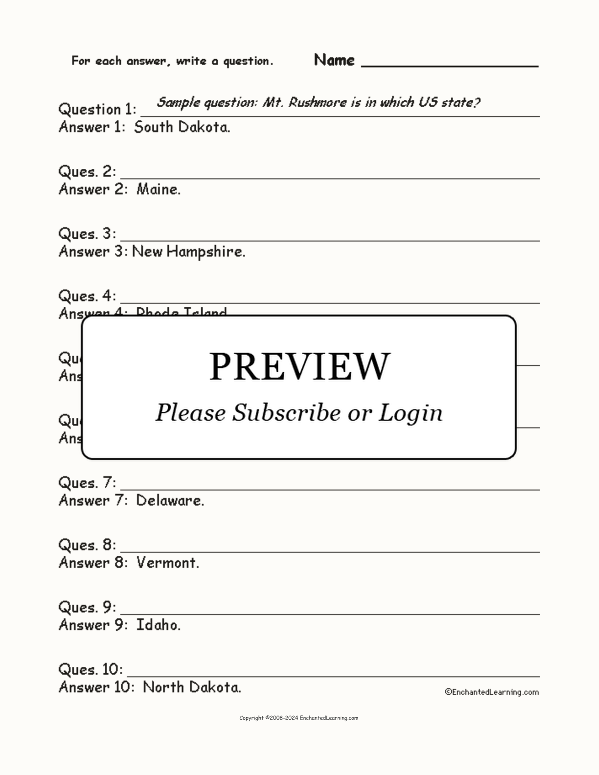 USA #5: Write a Question for Each Answer interactive worksheet page 1